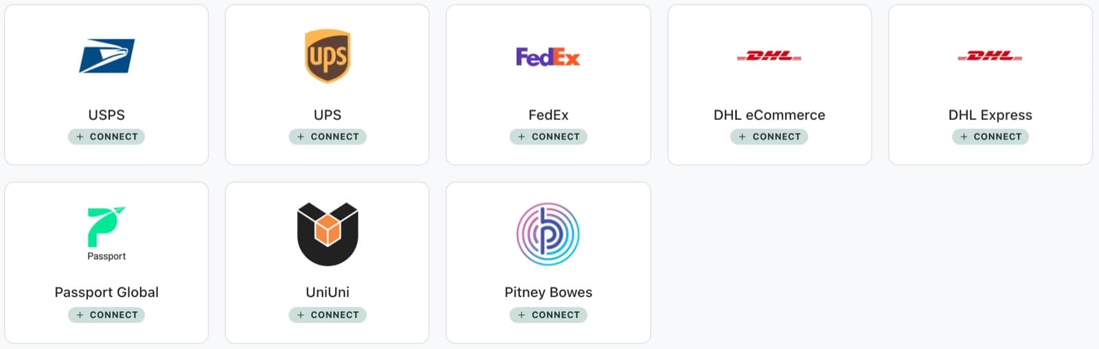 Carrier cards: USPS, UPS, FedEx, DHL eCommerce, DHL Express, Passport Global, UniUni and Pitney Bowes, each with a Connect button
