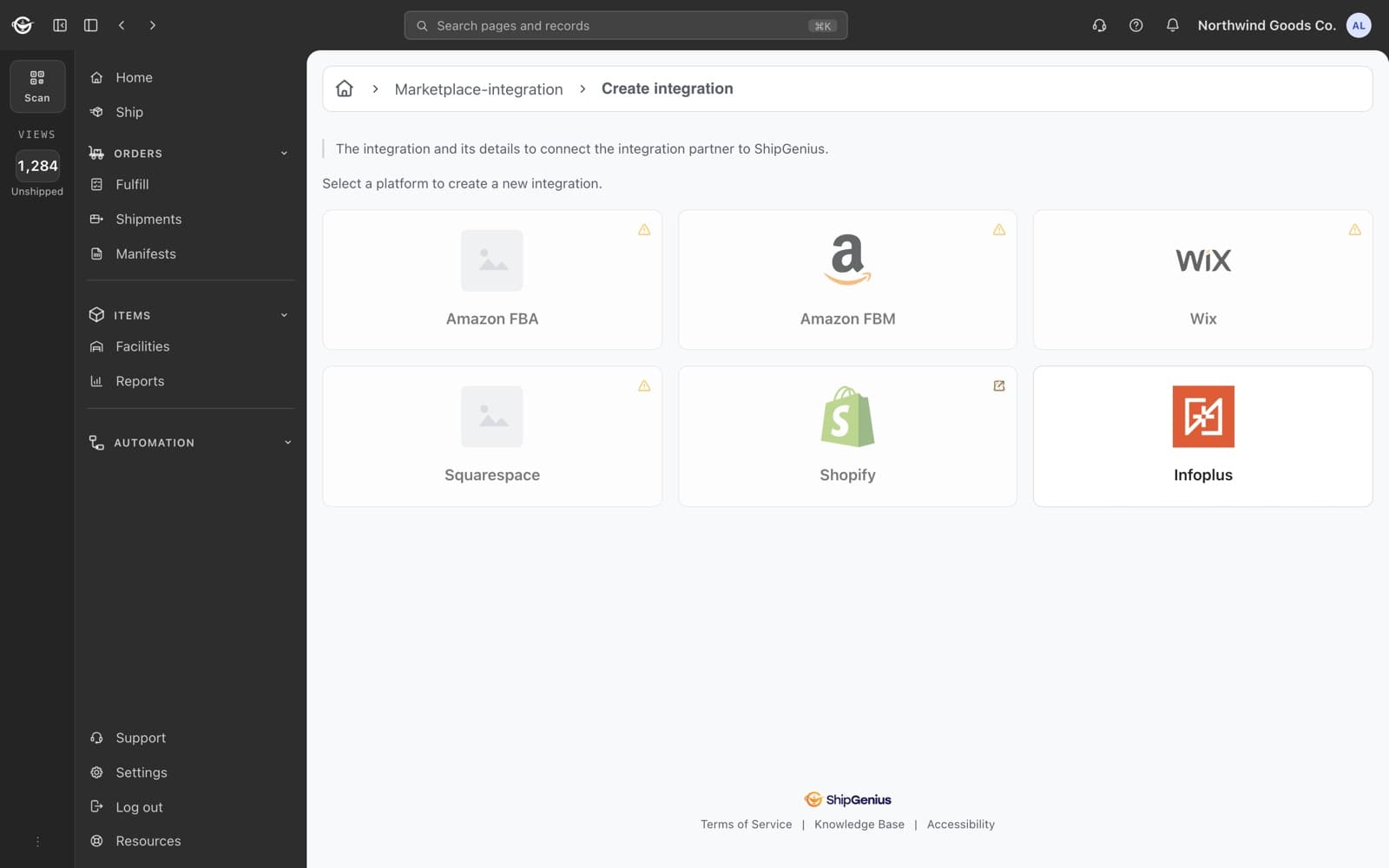 Create integration: a grid of platform cards to choose from